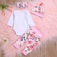 thumbnail image 6 of Newborn Baby Girl Outfits Letter Print Long Sleeve Romper+Floral Pants+Hat+Headband 4PCS Clothes Set, 6 of 14