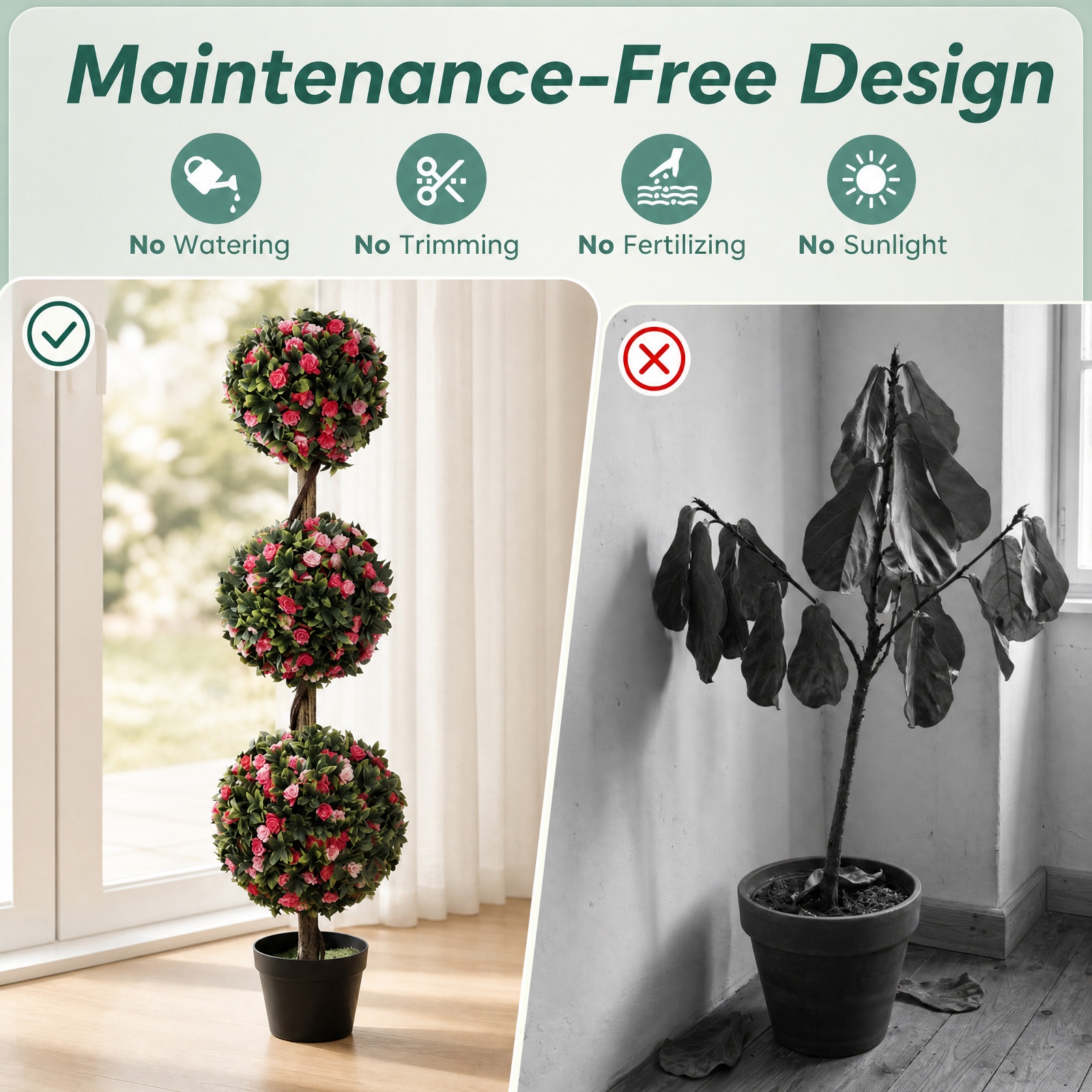 Vebreda Artificial Plant Decor, 43.5" Artificial Triple Ball Rose Topiary Tree with Lifelike Blooms and Green Leaves, Multi-Scenario Applications