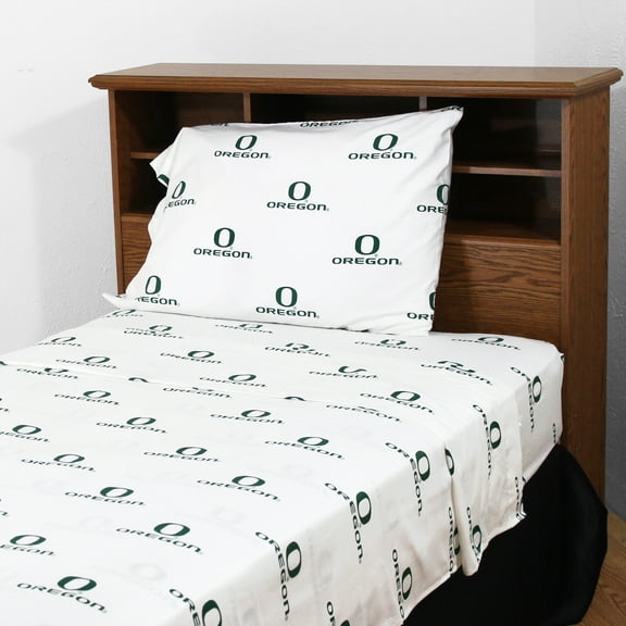 Oregon Ducks 100% cotton, 4 piece sheet set - flat sheet, fitted sheet, 2 pillow cases, King, White