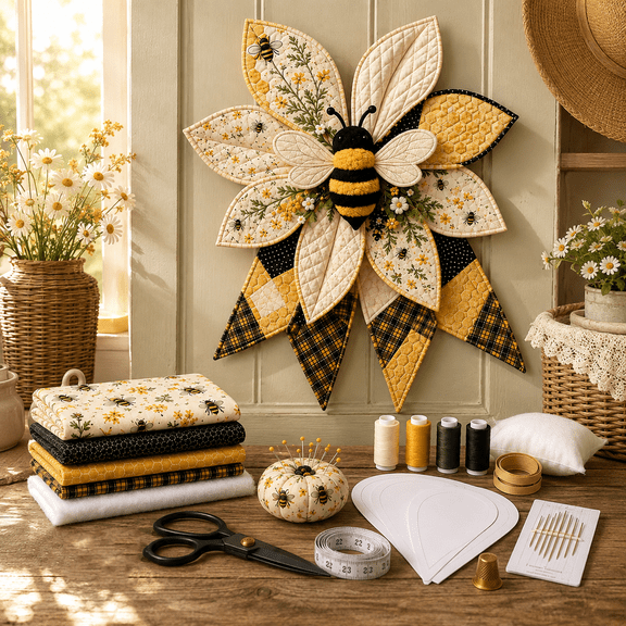 Large Patchwork Bow Sewing Kit, DIY Craft Supplies, Farmhouse Fabric Folded Flower, for Front Door Wall Window Porch