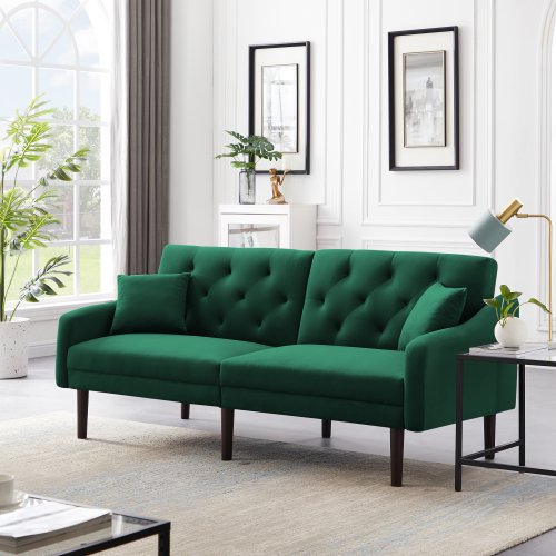 Convertible Futon Sofa Bed With 2 Pillows Velvet Couch Sleeper Adjustable Backrest Wooden Legs Tufted Upholstered Loveseat Folding Recliner For Living Room Apartment Office Com Convertible Futon Sofa Bed With 2, Tufted Upholstered Futon Sofa Bed