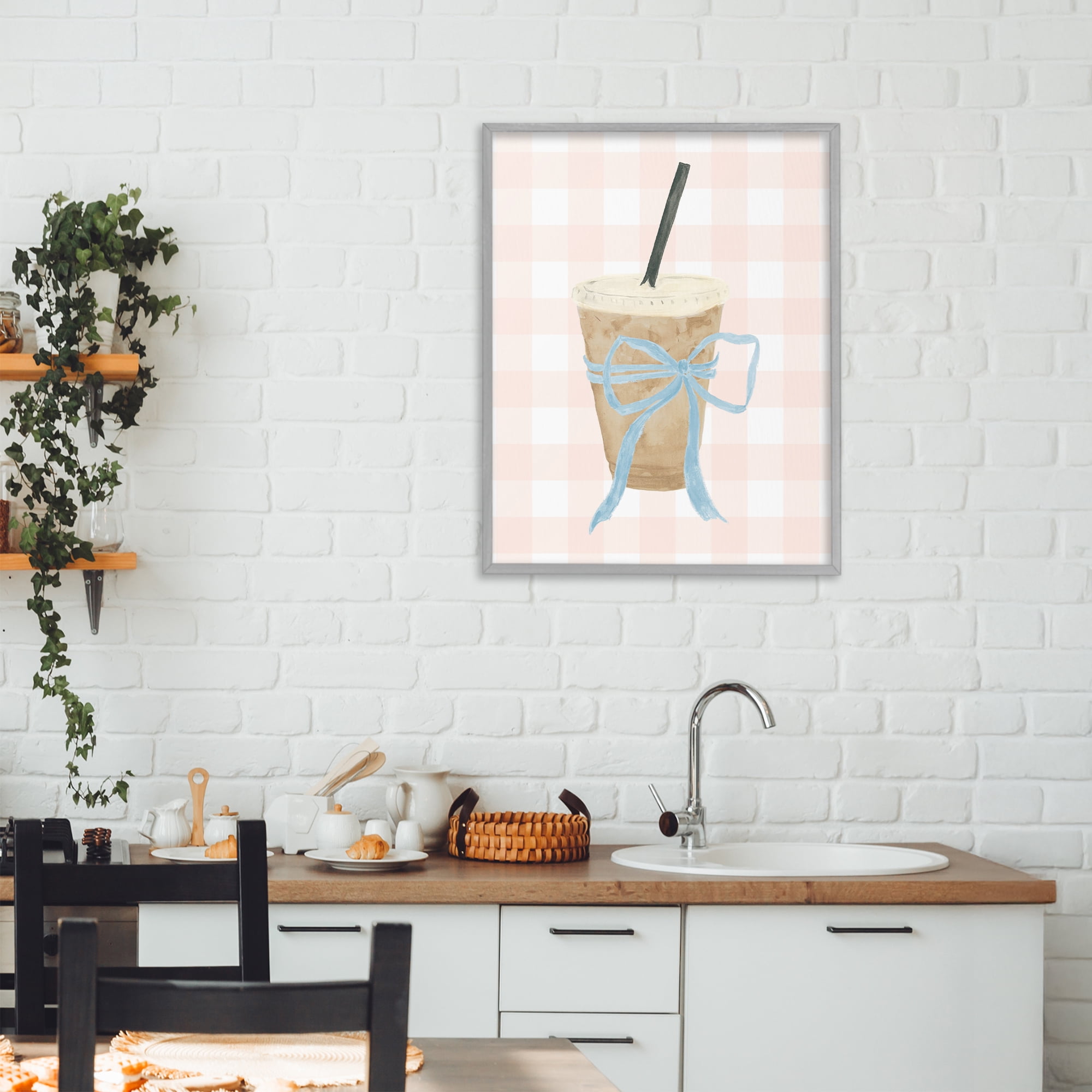 Stupell Industries Iced Coffee on Gingham Gray Framed Giclee Art, design by Lucille Price