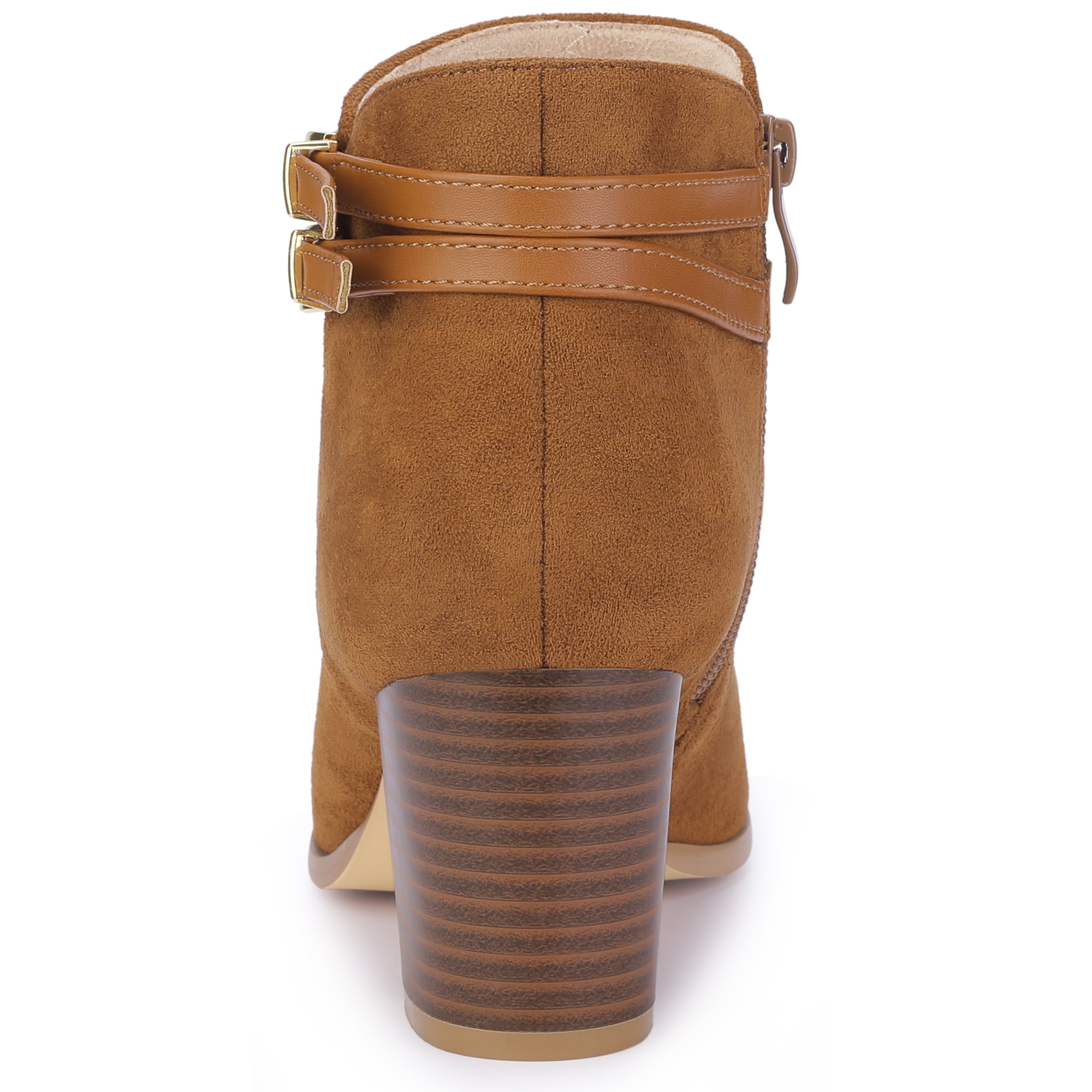 DARING DIVA Strappy Pointed Toe Buckle Chunky Heel Ankle Booties Brown 7