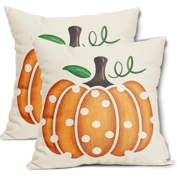 Fall Pillow Covers 16X16 Inch Set of 2 Polka Dots Pumpkin Pillow Cases Autumn Thanksgiving Decorative Pillow Covers Cotton Linen Cushion Case Home Decor for Couch Sofa Patio Porch Outdoor