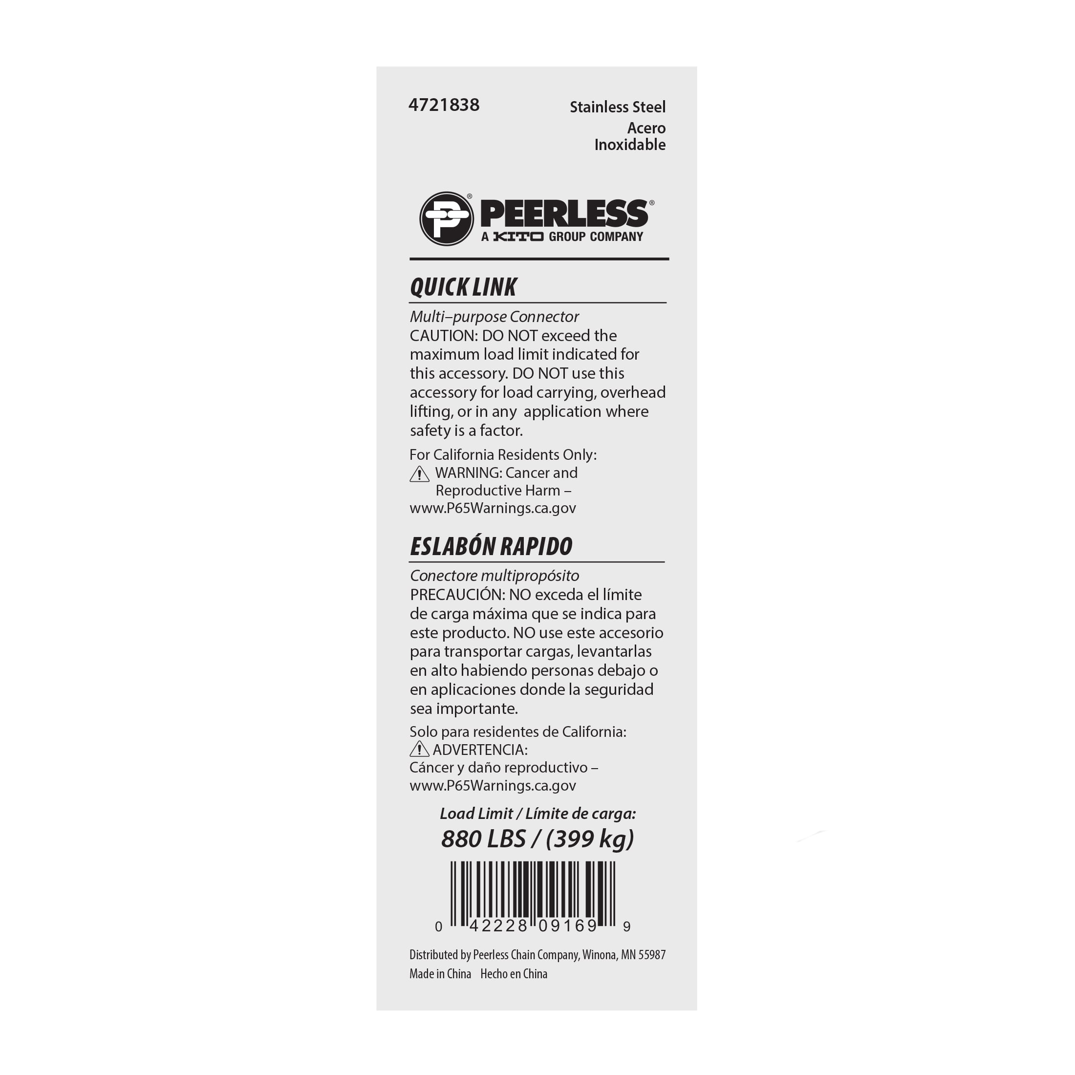 1/4" Stainless Steel Quick Link, Peerless Chain Company, #4721838