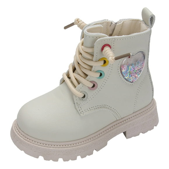 Splozh Girls Lace Up Riding Boots Boots for Toddler Girls Autumn and Winter Children's Short Boots British Style Children's Leather Boots Velvet Girls' Cotton Boots Beige,4.5-5 Years