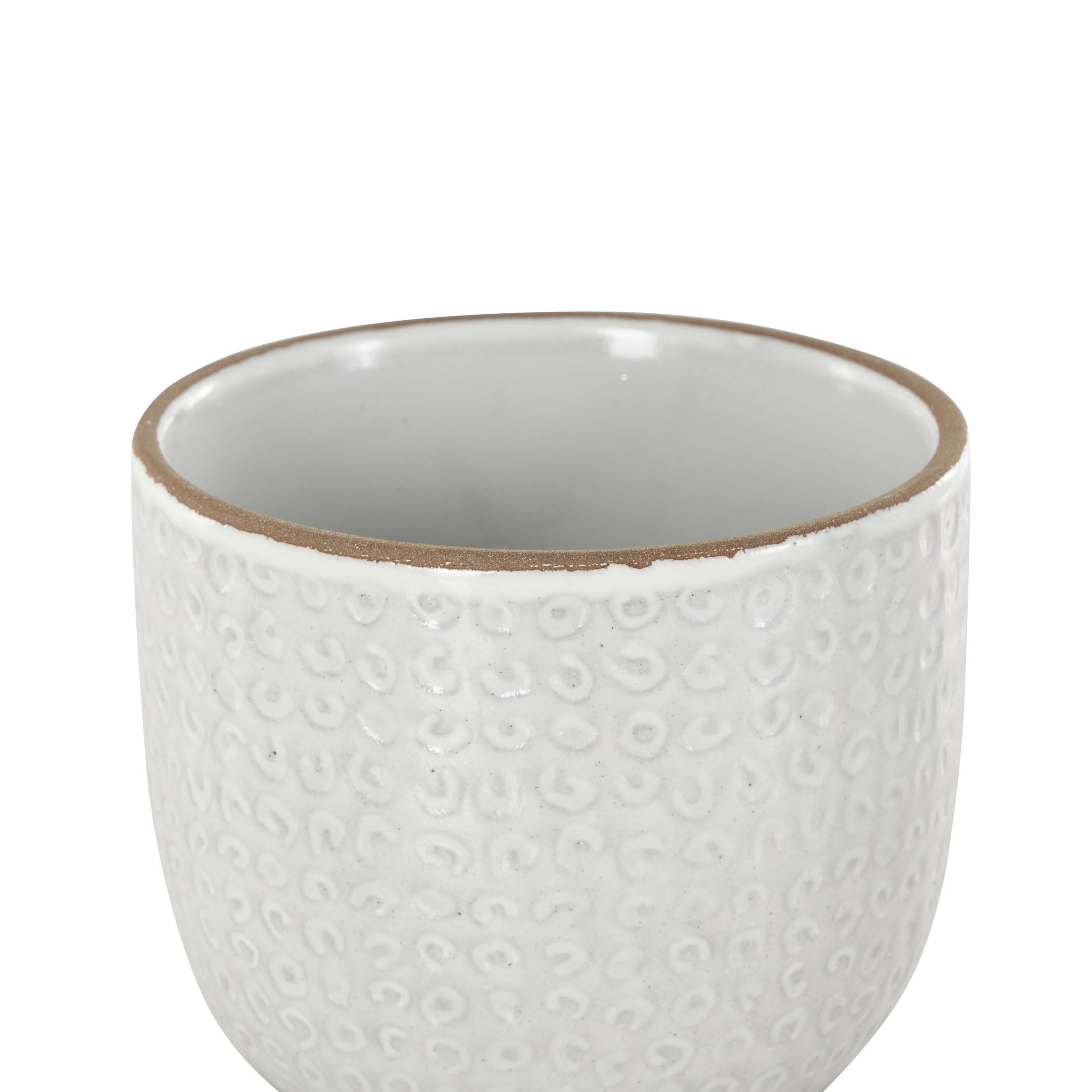 DecMode 7", 5"H Abstract Circle Patterned White Ceramic Planter with Brown Accents and Base Tray (3 Count)