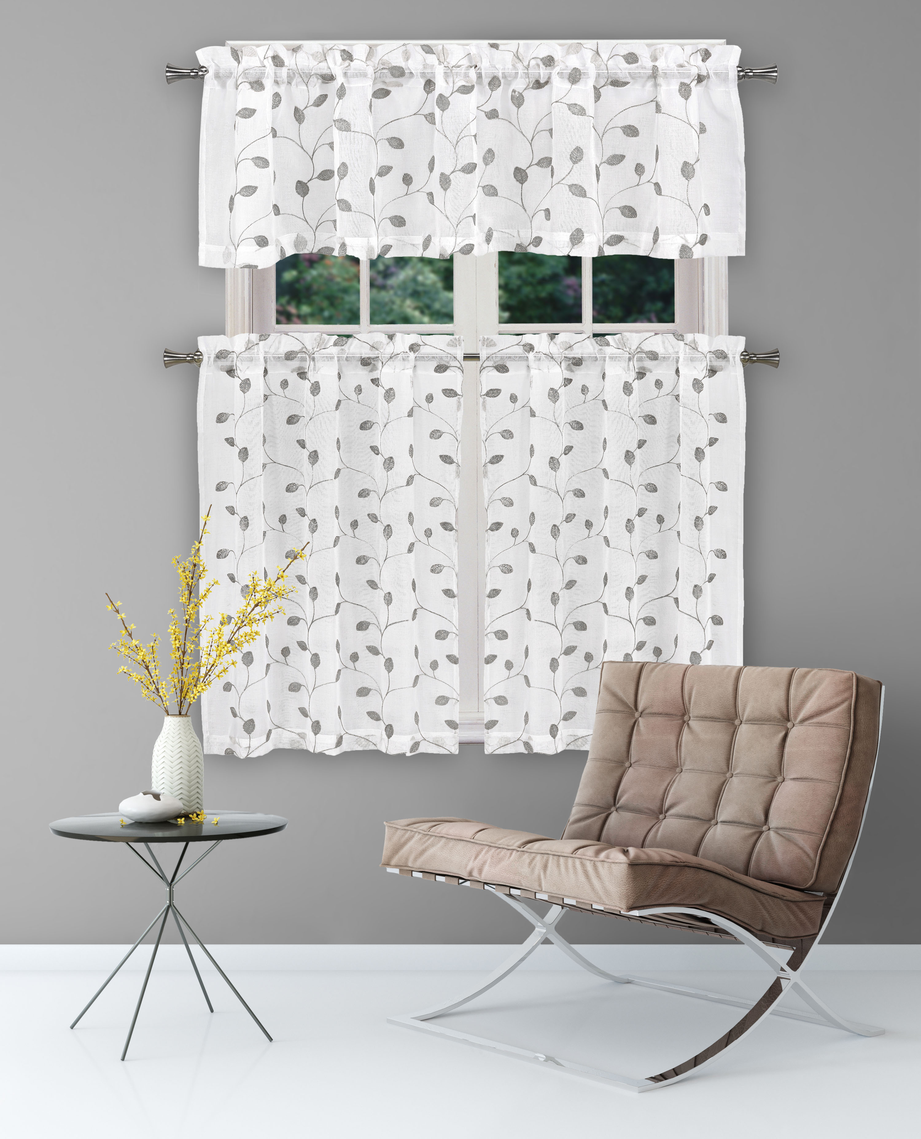 Sheer 3 Piece Window Curtain Set with Embroidered Metallic Leaves and