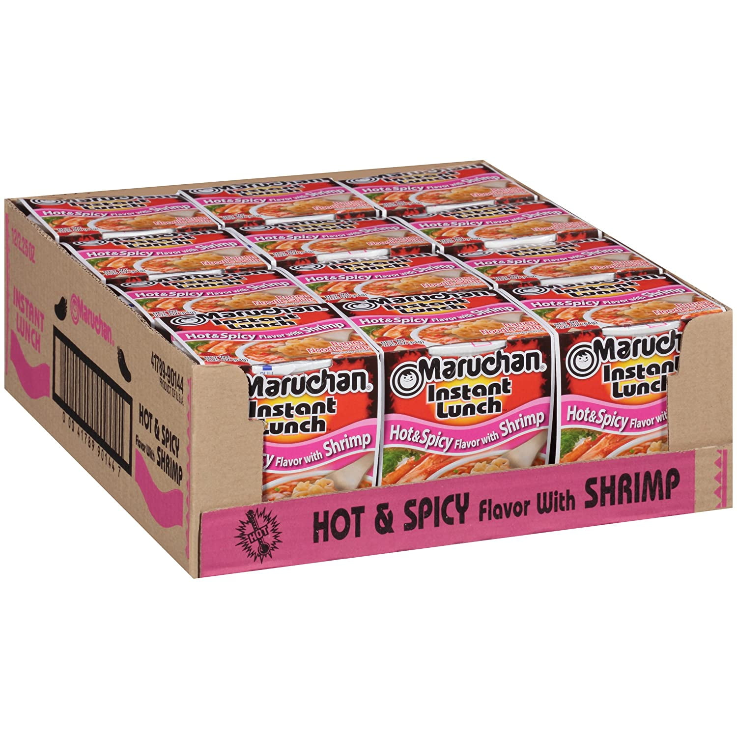 Maruchan Ramen Cup Noodles Instant 24 Count - 12 Hot and Spicy Shrimp cups & 12 Shrimp cups Lunch / Dinner Variety, 2 Flavors