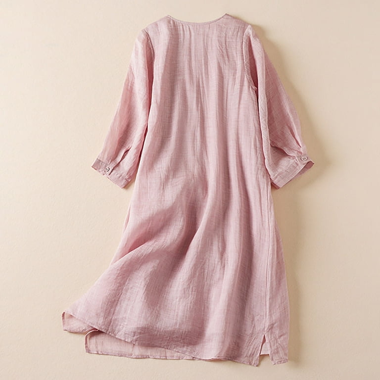 Vekdone Women's Dress Summer 3/4 Sleeve Maxi Dresses Boho Cotton Linen Long Dresses Casual Flowy Tunic Dresses Pink,M