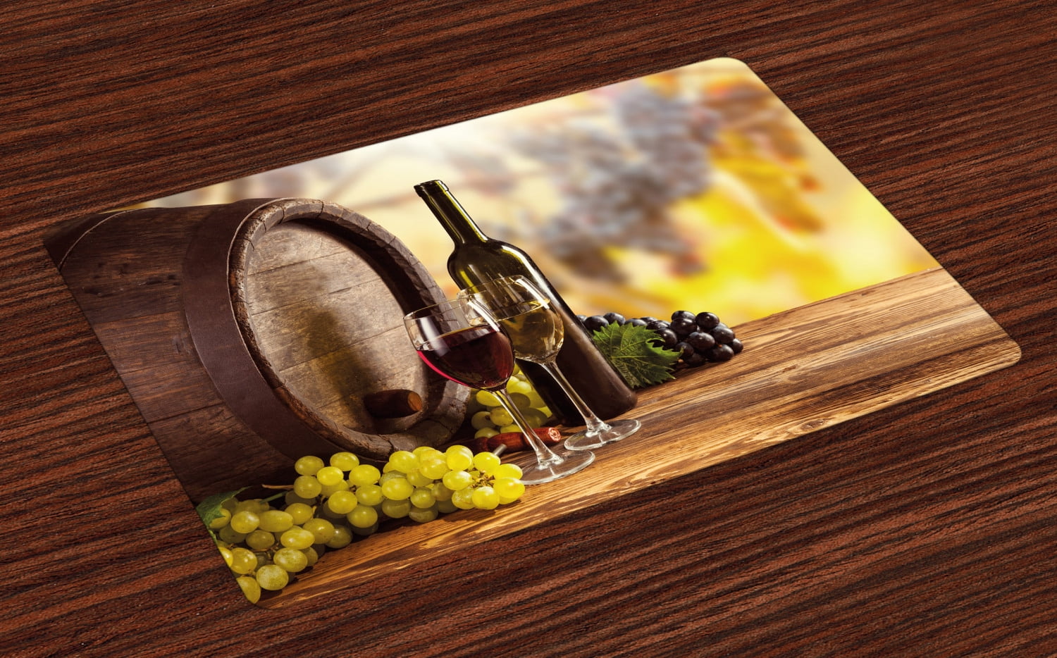Wine Placemats Set of 4 Red and White Wine Bottle Glass on Wooden Keg