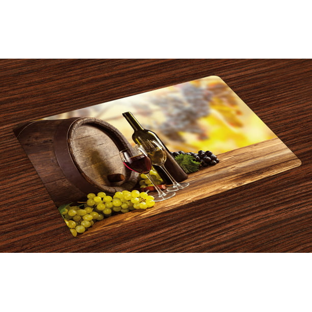 Wine Placemats Set of 4 Red and White Wine Bottle Glass on Wooden Keg Quality Taste Traditional