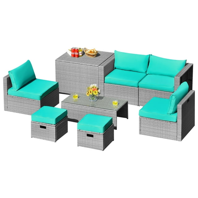 Gymax 8PCS Rattan Patio Space-Saving Furniture Set w/ Waterproof Cover & Turquoise Cushions