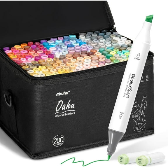 Ohuhu Alcohol Markers 200 Colors - Chisel & Fine Dual Tip Art Drawing Marker Set