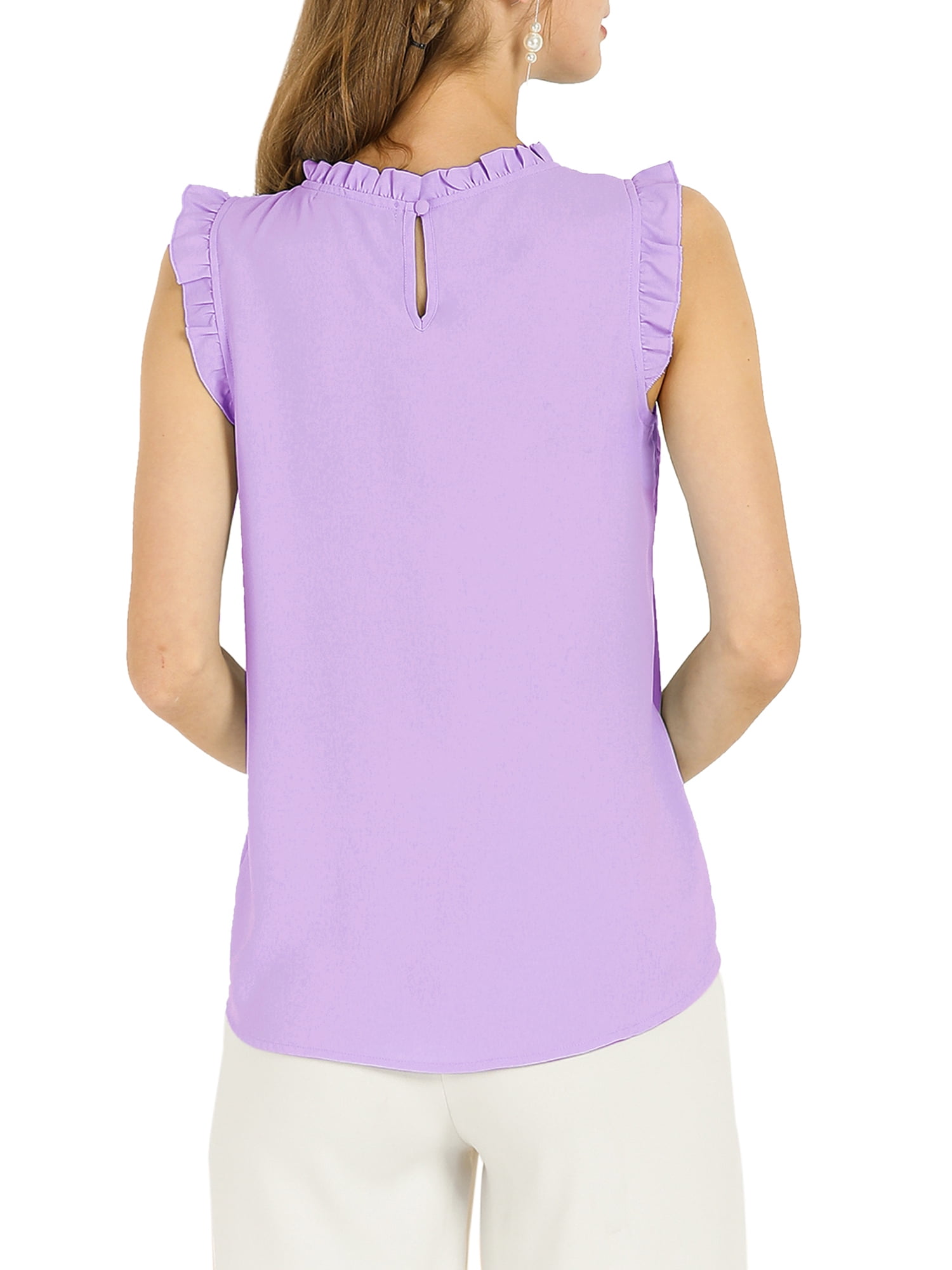 DARING DIVA Women's Ruffled Trim Pleated Plain Blouse Top S Lavender