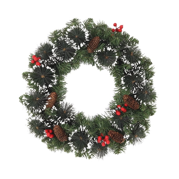 Christmas Pine Wreath, PVC Holiday Wreath with Pinecones, Red Berries and Snow-Dusted Branches for Front Door Decor