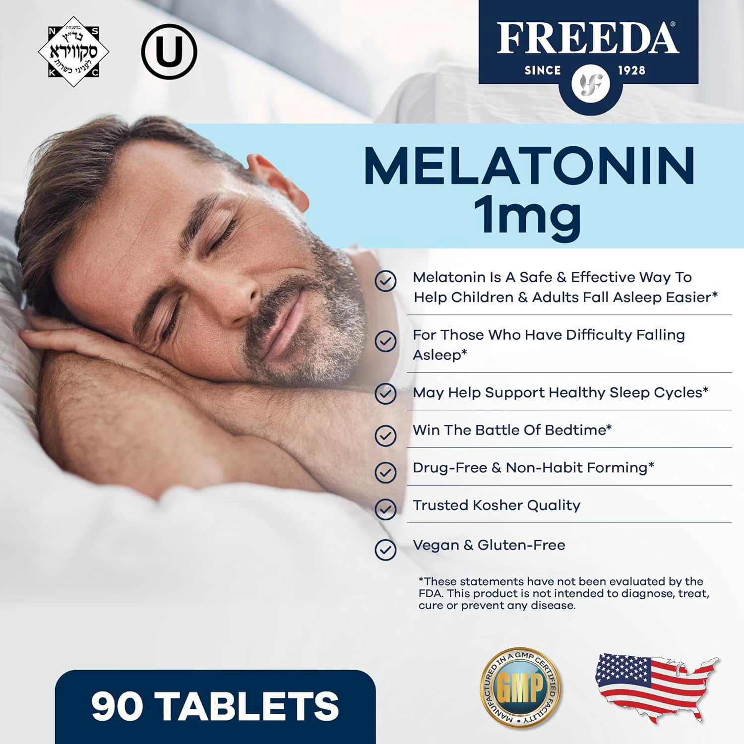 Freeda Melatonin 1 mg Sugar-Free Chewable Tablets | Sleep Support for Adults & Kids Ages 3+ | Vegan, Kosher, Gluten Free | 180 Count