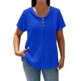 thumbnail image 2 of Siminsem V Neck Textured Button Decor Top for Women Loose Short Sleeve Casual Pullover Tunic Blouse Dressy Loose Fit Cute Casual Top for Daily Outfits, Blue, XL, 2 of 5