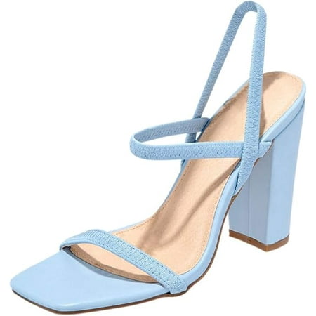 Women s Elastic Strap Chunky High Heel Sandals - Square Open Toe - Slip On Solid Color Shoes-Light blue39
