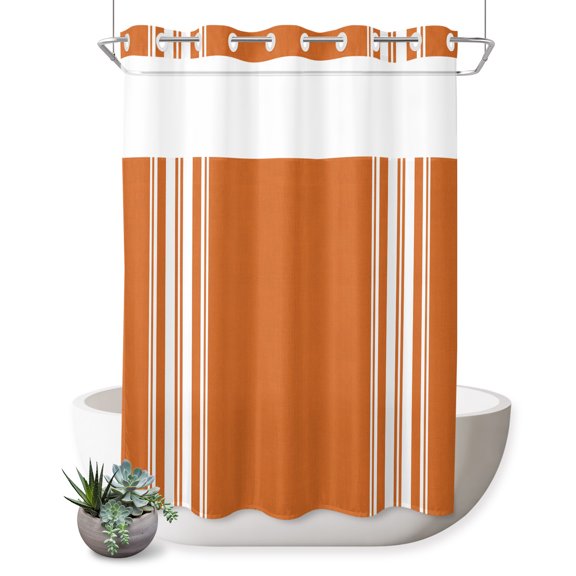 No Hook Shower Curtain, Orange Striped Shower Curtains for Bathroom with See Through Top Window, Farmhouse Orange White Stripes Aesthetics Waterproof & Washable Bath Curtain 60"x72"