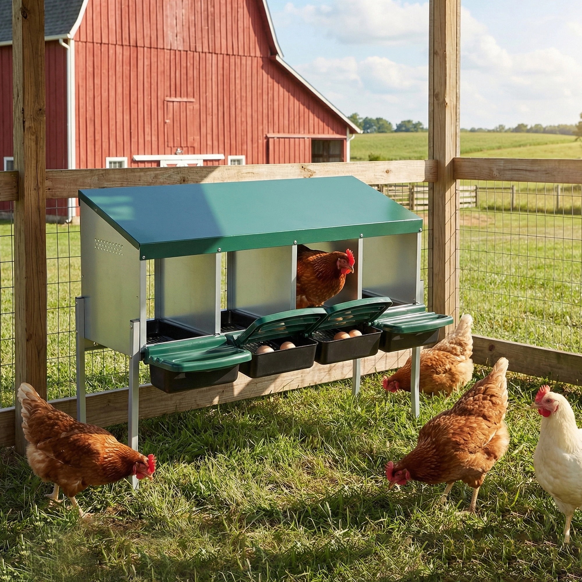 4-Hole Chicken Nesting Box with Legs & Lid Cover, Galvanized Steel Freestanding & Wall-Mount Egg Laying Box, Green Poultry Nest Box for Coop Farm