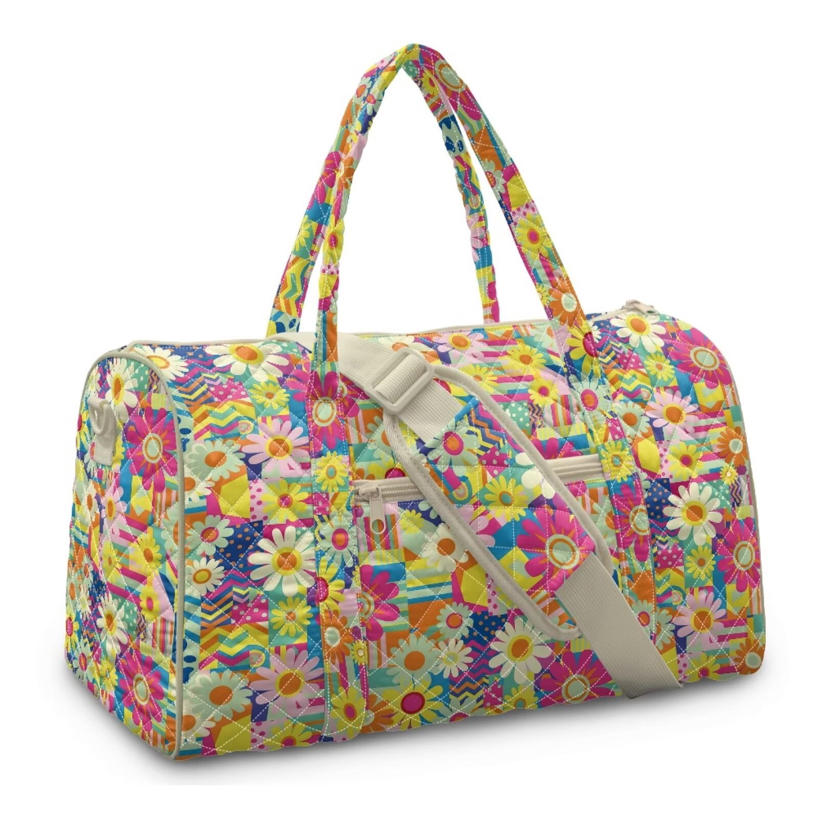 Garronmavis Large Quilted Duffle Bag for Women, Floral Pattern Weekender Bag Travel Overnight Bag, Carry On Gym Dance Tote with Zipper Pockets