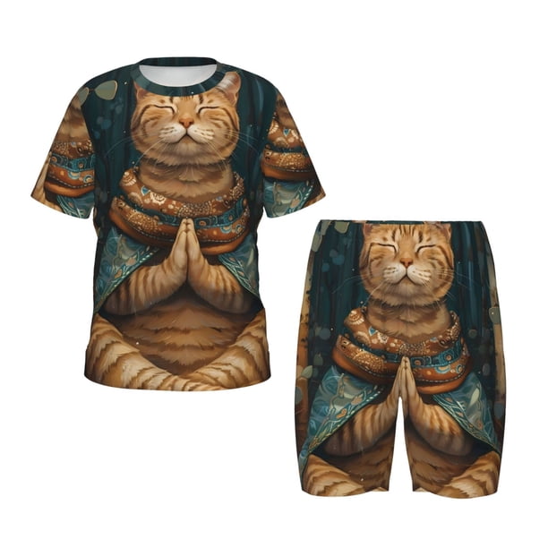 Balery Surreal Meditating Cat Conjunto de Pijama Infantil de Manga Corta con Estampado – Ropa de Dormir de Algodón Suave-3X-Large