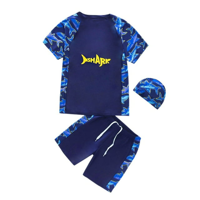 Toddler Boys Two Piece Swimsuit Kids Swim Set with Hat Short Sleeve