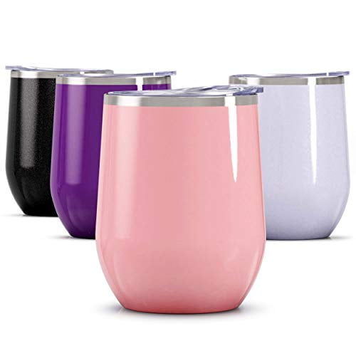 Maars Bev Verre à Vin Sans Pied en Acier Inoxydable avec Couvercle, Isolé sous Vide 12 oz / Anti-Fuite, Adapté aux Voyages, Vaisselle de Cocktail Amusante - Rose Œillet