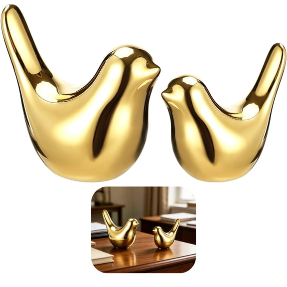 2PCS Gold Ceramic Bird Statues, Modern Style Avian Figurines, Charming Home Decor, Auspicious Tabletop Ornament for Desk, Coffee Table, Living Room, Bedroom and Office