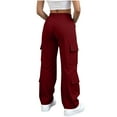 thumbnail image 4 of Lenpel Women's Wide Leg Cargo Pants Elastic High Waisted Drawstring Hiking Travel Pants Athletic Casual Trousers with Pockets(Wine,Medium), 4 of 7