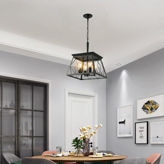 16" Black Gold Industrial Pendant Chandelier - 4-Light Metal Cage Farmhouse Lighting, Adjustable Hanging for Kitchen Island, Dining Room, Living Room (No Bulbs Included)