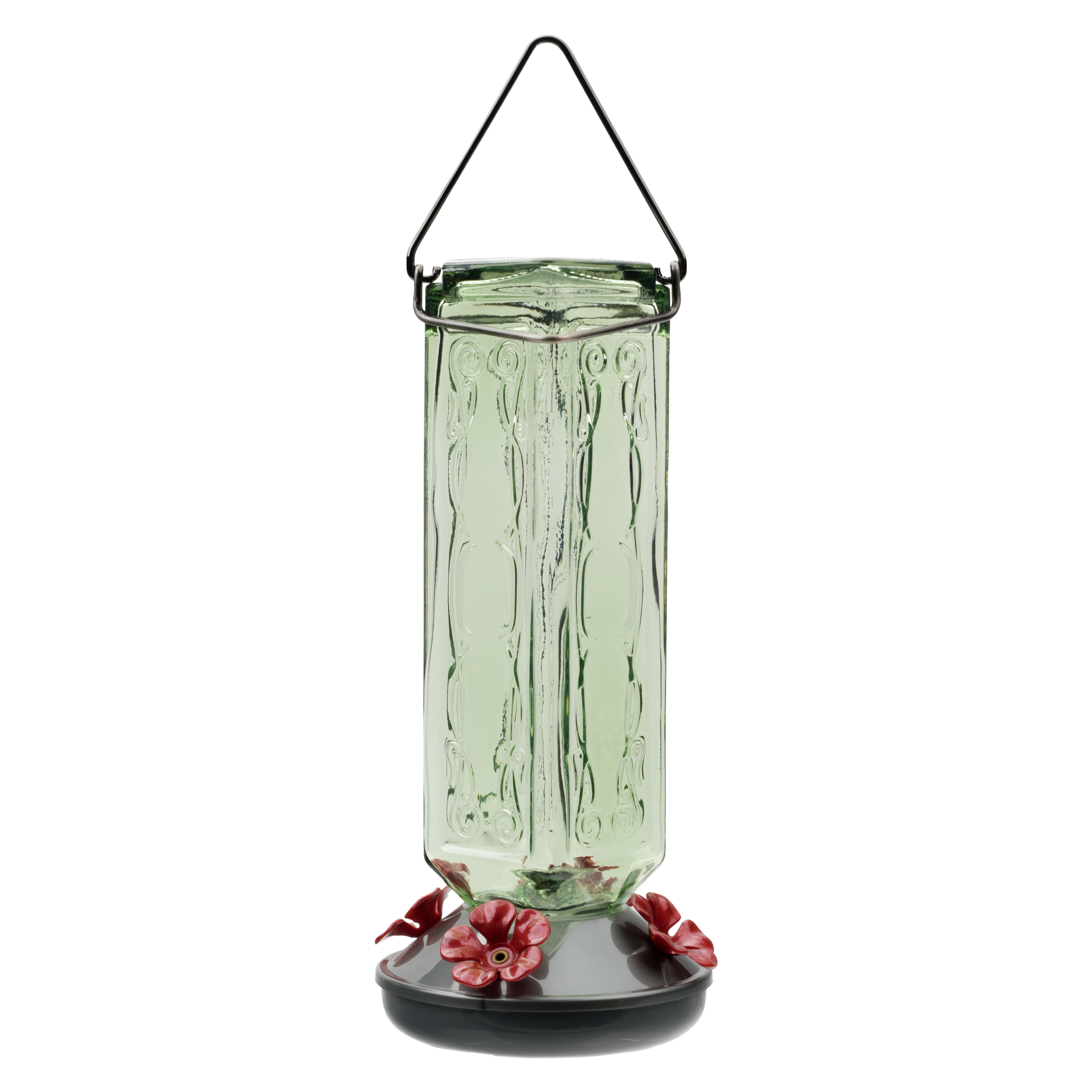 More Birds Kristina Green Vintage Glass Bottle Hummingbird Feeder with 4 Ports, 19 fl oz Nectar Capacity