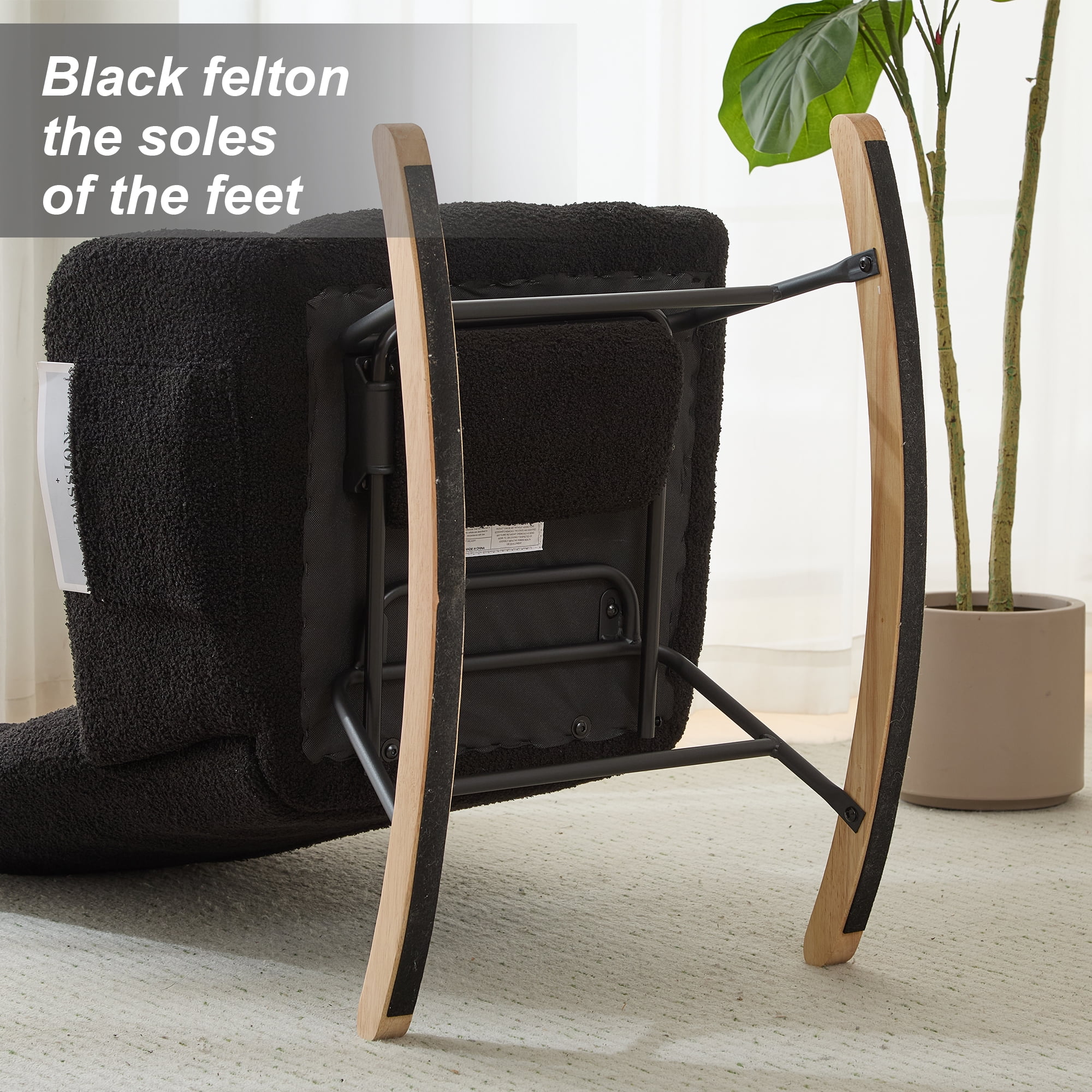 Hforesty Nursery Rocking Chair Teddy Upholstered Glider Rocker，Comfy Armchair with retractable footrest for Living Room & Nursery,BLACK