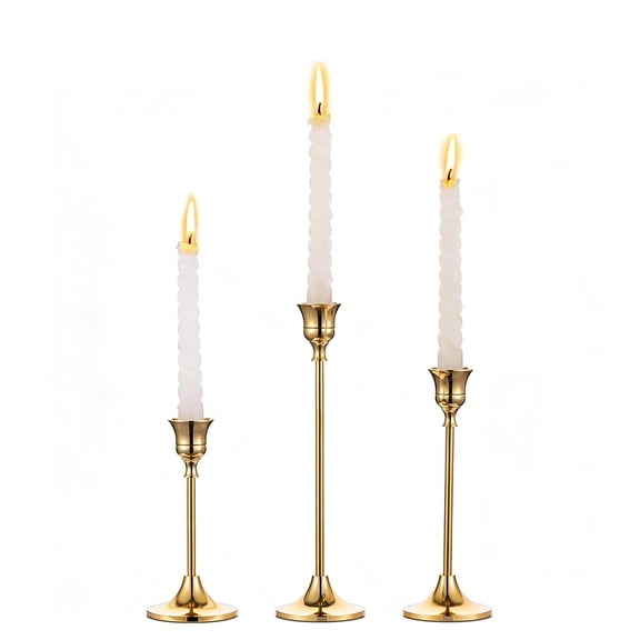3 Pcs Gold Taper Candle Holders, Brass Candlestick Holders for Table, Mantel, Wedding, Home Decor