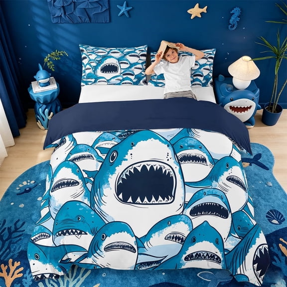 meiyoeat Cute Shark Bedding,Kawaii Ocean Animal Duvet Cover Full For Boys Kids,Navy Blue Reversible,3pcs(No Comforter)