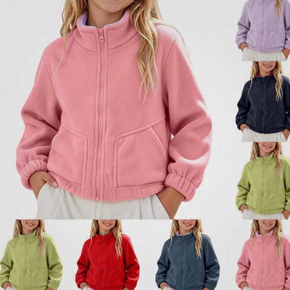 HAOTAGS Girls Fleece Jacket (3-14) Casual Stand Up Collar Zip Up Long Sleeve Warm Outerwear Pink Size 7