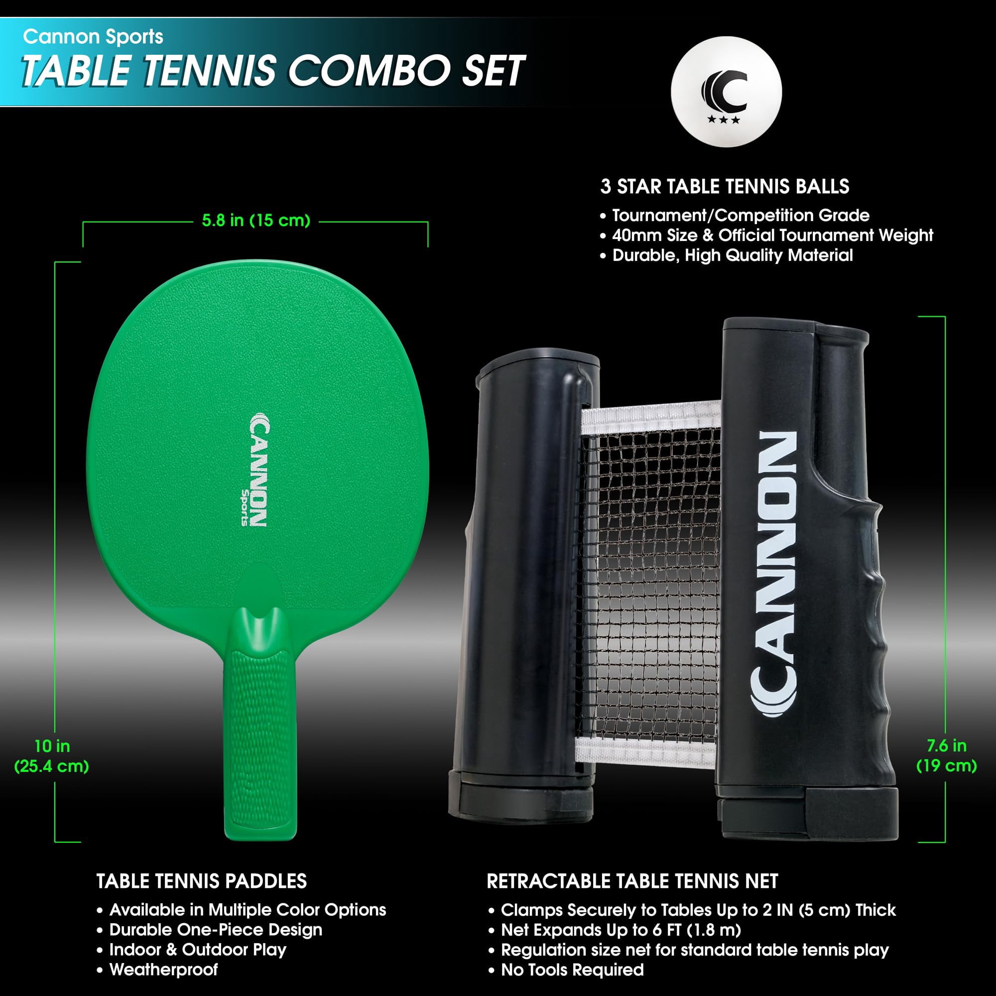 Cannon Sports Table Tennis Set – 4 Unbreakable Paddles, 6 3-Star Balls, Retractable Net & Carry Bag – Clamp-On Portable Ping Pong Net Fits Tables up to 2 Inch Thick, Extends to 6 Feet (Green)
