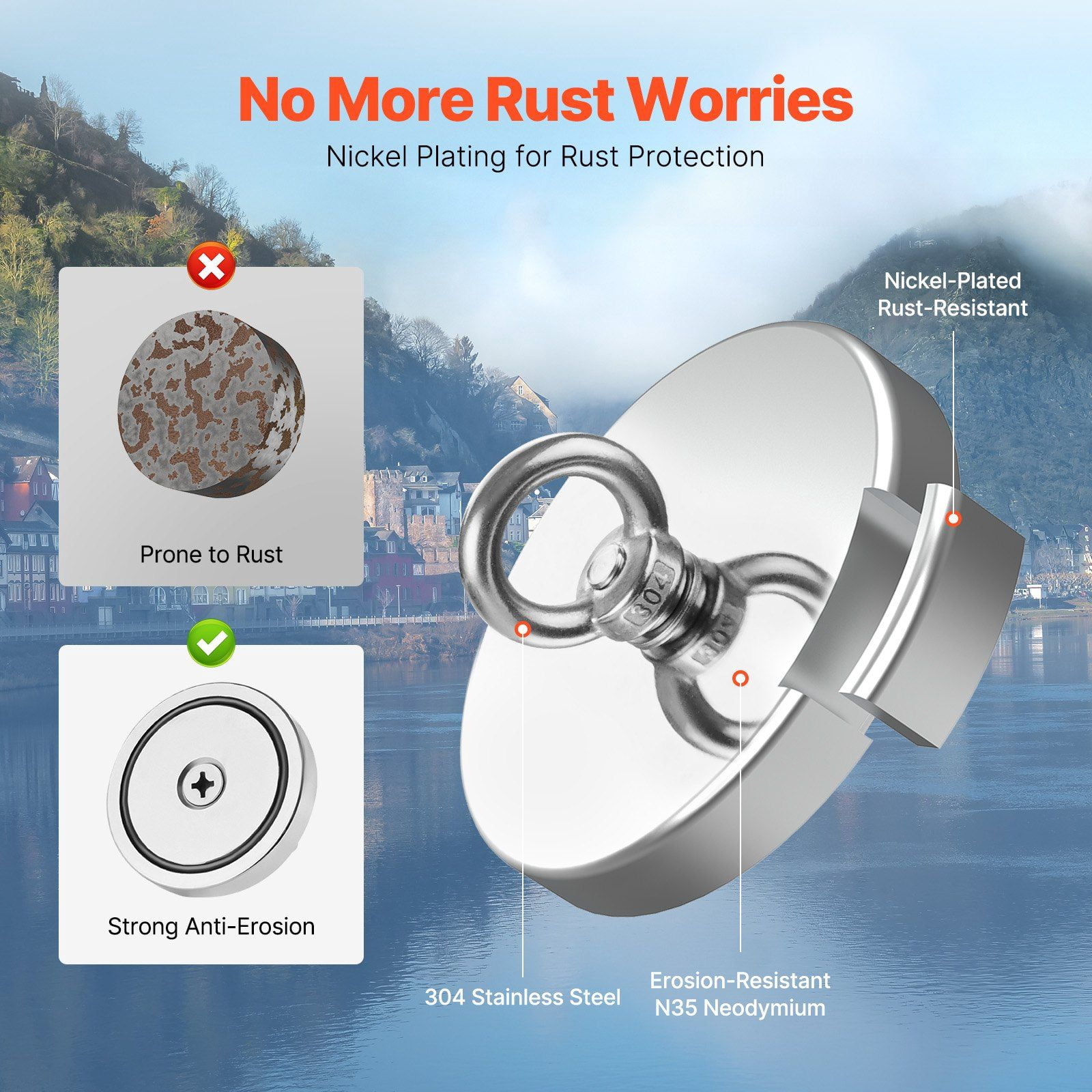 Super Strong 1000LB Neodymium Fishing Magnet with Handle - Rare Earth Metal Detector Magnet for Underwater Salvage