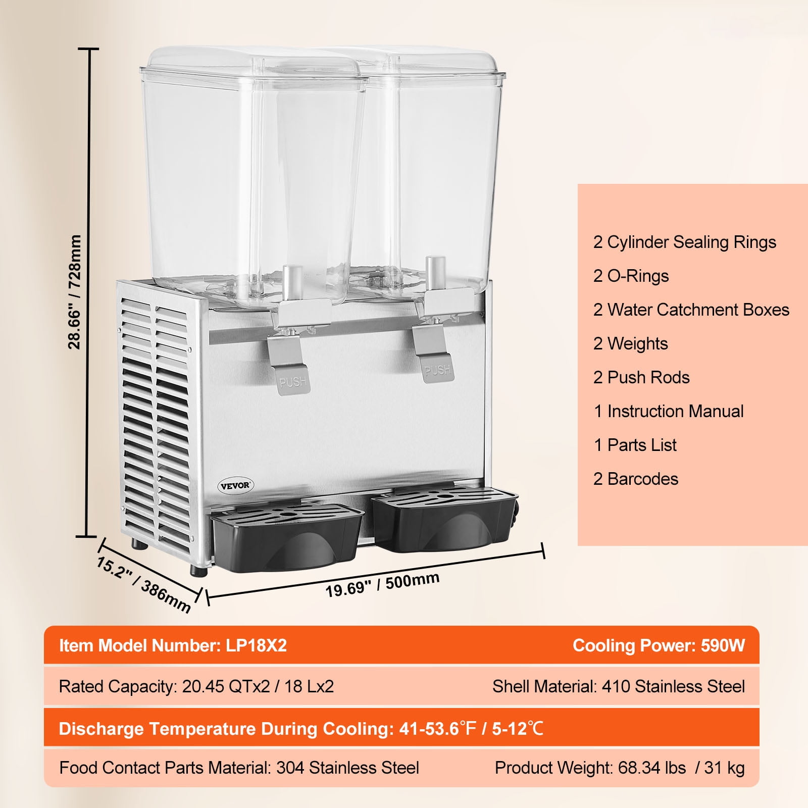 BENTISM Commercial Beverage Dispenser Cold Juice Ice Drink Dispenser 18L*2 Tanks Stainless Steel Commercial Slushy Machine 2 Tanks