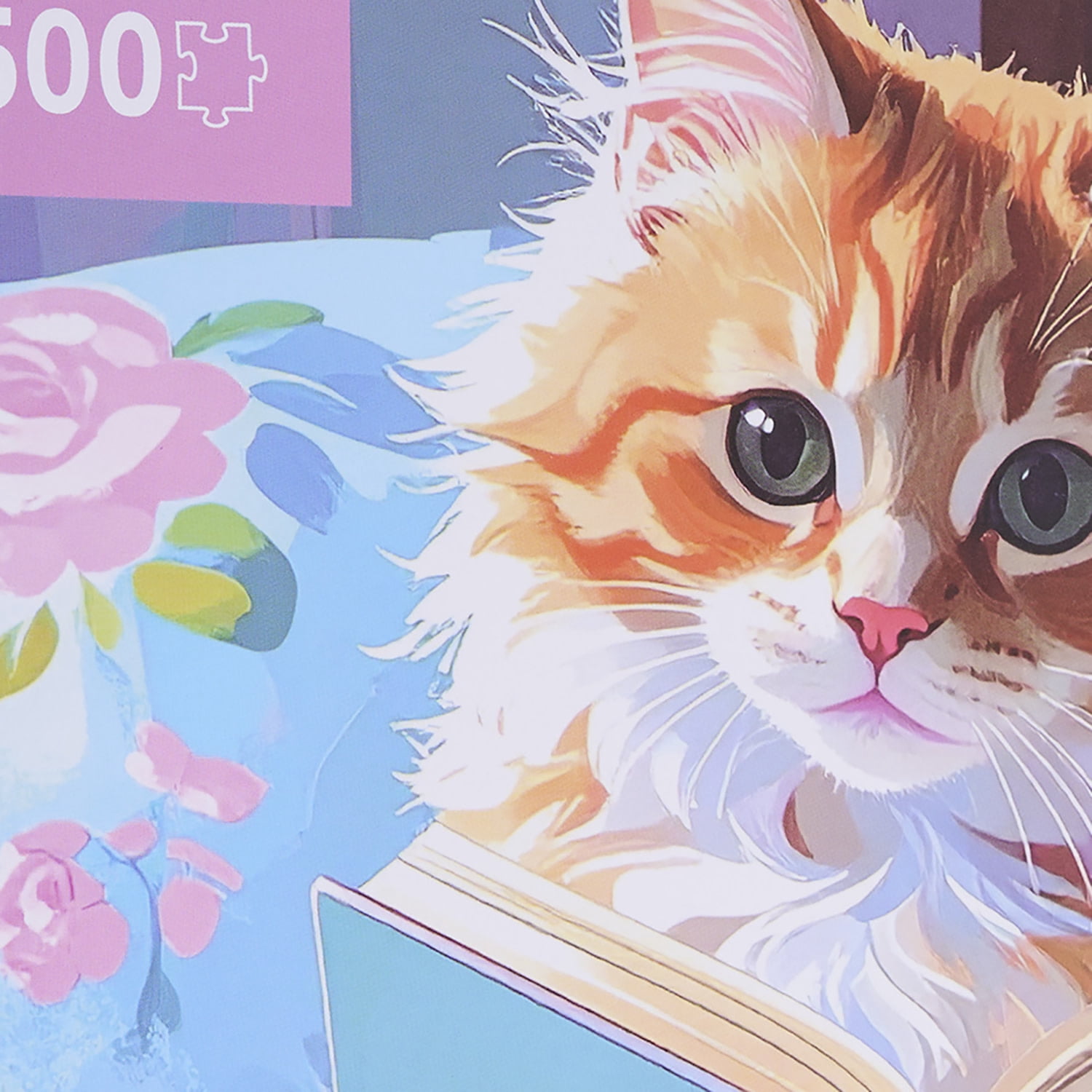 Brea Reese: 500 Piece Puzzle - Bookish Kitty - Cozy Floral Bedding & Animal Reading Scene, Adult Jigsaw, Snap-Fit, Soft-Touch, Image Reference Poster