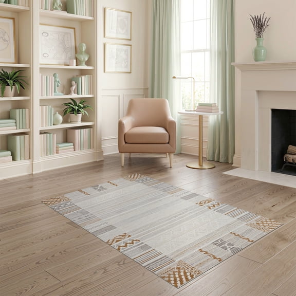 ODIKA Neutral Boho Abstract Lattice Stripe Border Transitional Ivory for Dorm Room, Small Living Apartment, Stain Resistant Low Profile