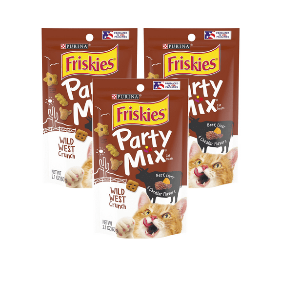 Purina Friskies Party Mix Cat Treats, Wild West Crunch, Made with Beef, Liver & Cheddar Flavors, Helps Keep Teeth Clean, Adult Cat Treats, 2.1 OZ Pouch (Pack of 3)