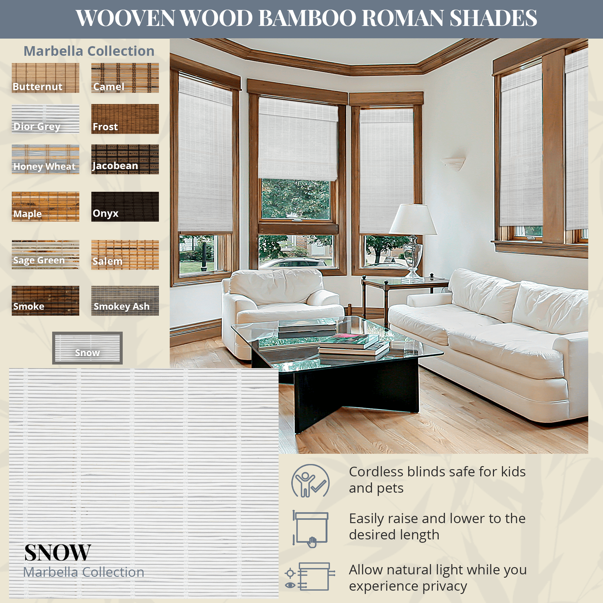 Natural Woven Light Filtering Cordless Bamboo Roman Shades for Windows, 62.5 in. W x 72 in. L, Snow