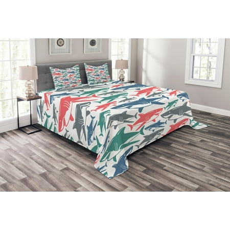 Shark Bedspread Set, Mix of Colorful Bull Shark Family Pattern Masters Survival Predators Dangerous Nature, Decorative Quilted Coverlet Set with Pillow Shams Included, Multicolor, by