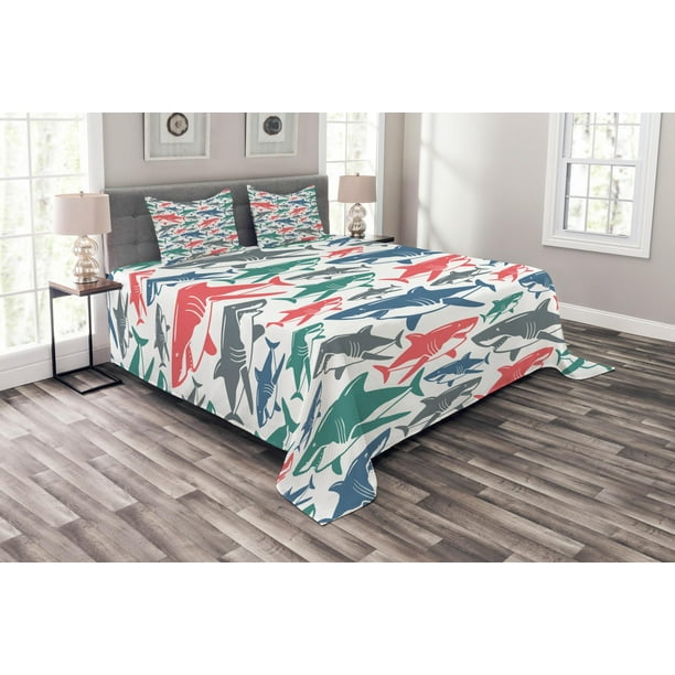 Shark Bedspread Set Mix Of Colorful Bull Shark Family Pattern Masters Survival Predators Dangerous Nature Decorative Quilted Coverlet Set With Pillow Shams Included Multicolor By Ambesonne Walmart Com Walmart Com