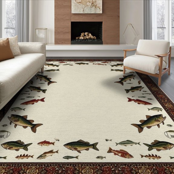 ODIKA 8'x10' Washable Area Rug Non-Shedding, Easy Care, Muted Olive Red Fishing Fish Vintage Rustic Bass Motif with Tackle and Creel for King Size Bedroom Under Bed, Master Suite