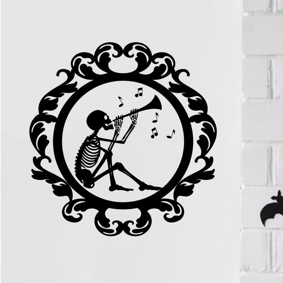 Halloween Frame #16 Skeleton Playing Music Vinyl Lettering Wall Decal Sticker Sppoky Halloween Decals - Size: 16.5"H x 16"L - Color: Black