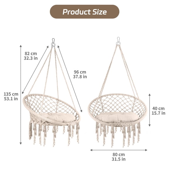 Outdoor Indoor Hanging Swing Chair, Macrame Rope Hammock Chair with Soft Cushion, 330LBS Weight Capacity for Bedroom Balcony Patio Garden Relaxation