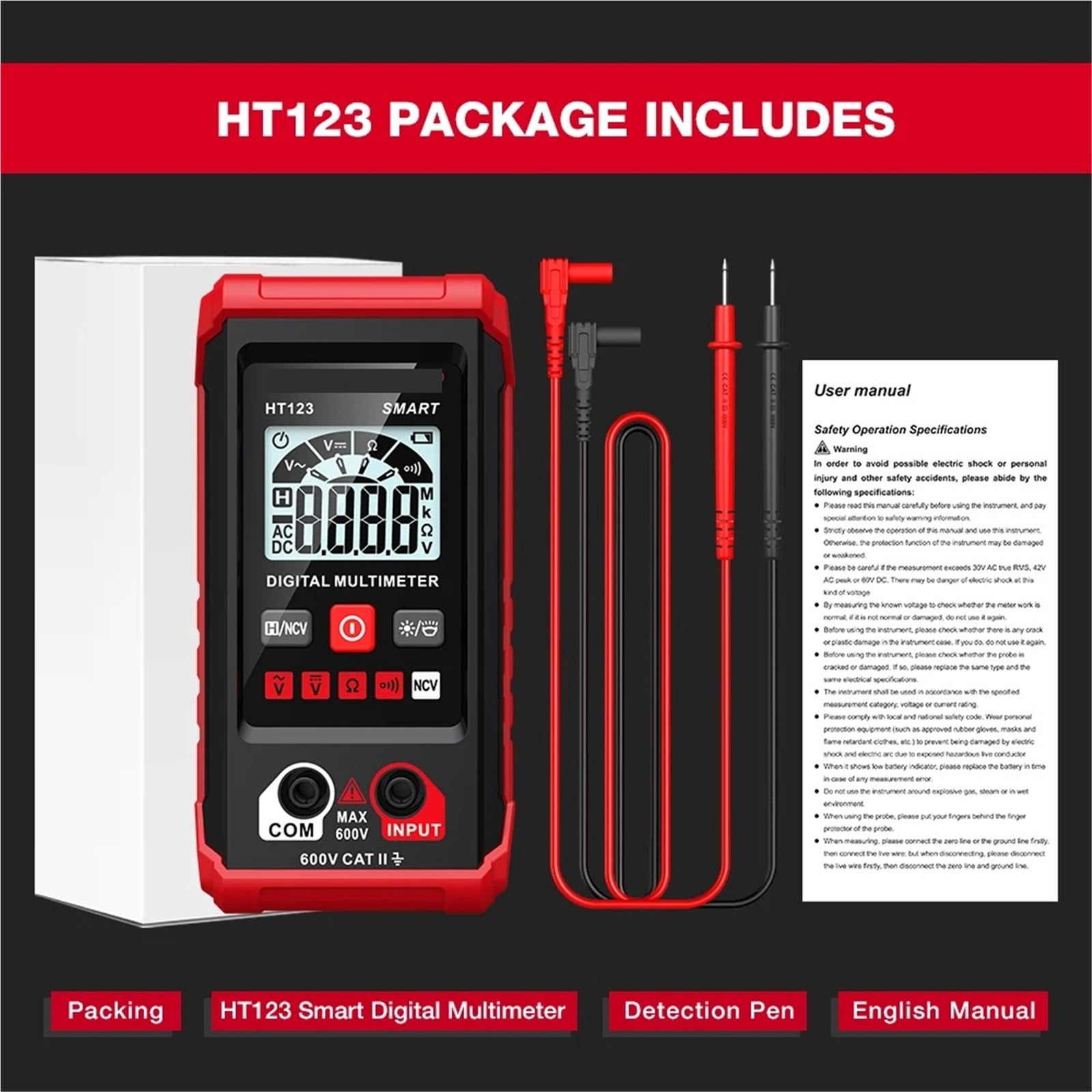 Smart Digital Multimeter AC/DC Voltage Resistance Continuity Measurement Tester NCV Multimeter With Backlight ,Battery Test